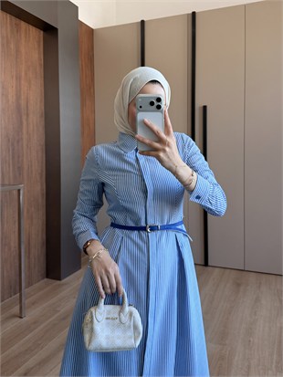 Kemerli Çizgili Elbise Mavi