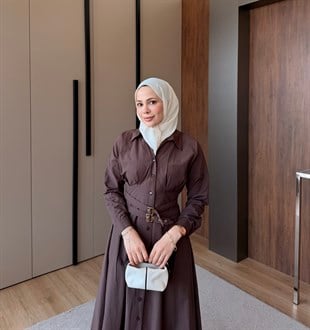 Kemerli Düğmeli Poplin Elbise Kahve