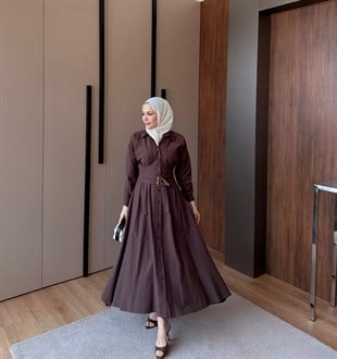 Kemerli Düğmeli Poplin Elbise Kahve