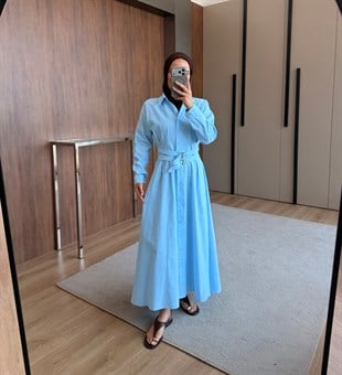 Kemerli Düğmeli Poplin Elbise Mavi