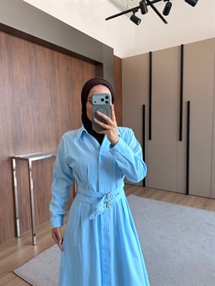 Kemerli Düğmeli Poplin Elbise Mavi