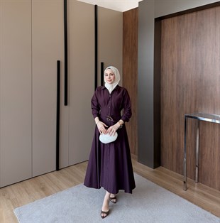 Kemerli Düğmeli Poplin Elbise Mor