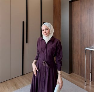 Kemerli Düğmeli Poplin Elbise Mor