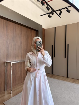 Kemerli Düğmeli Poplin Elbise Pembe