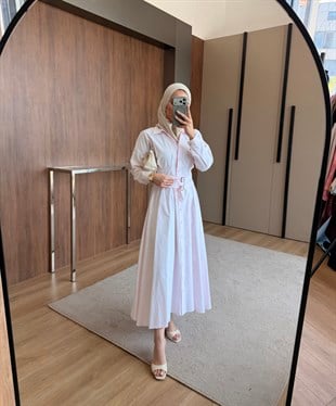 Kemerli Düğmeli Poplin Elbise Pembe