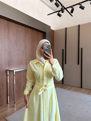Kemerli Düğmeli Poplin Elbise Sarı
