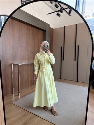 Kemerli Düğmeli Poplin Elbise Sarı