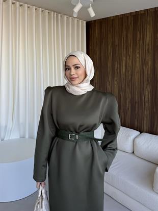 Kemerli Scuba Elbise Haki