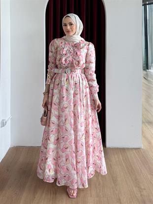 Kemerli Vual Elbise Pembe