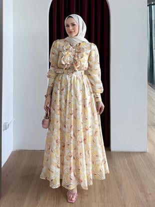 Kemerli Vual Elbise Sarı
