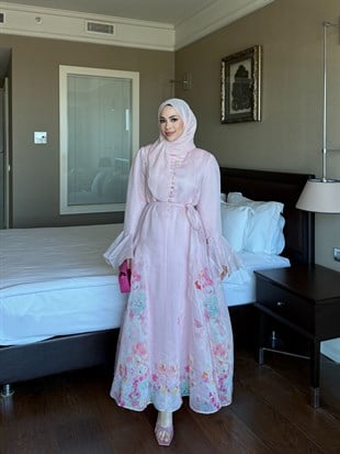 Kol Detaylı Çiçekli Elbise Pembe