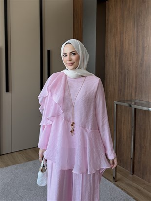 Kol Volanlı Tunik Pantolon Takım Pembe