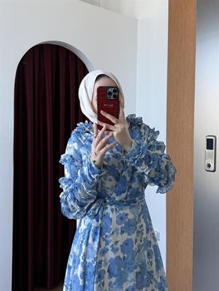 Kolu Fırfırlı Çiçekli Şifon Elbise Mavi