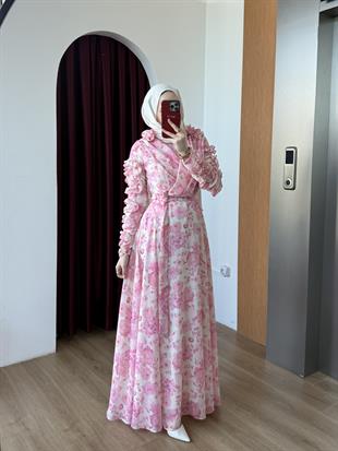 Kolu Fırfırlı Çiçekli Şifon Elbise Pembe