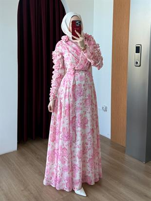 Kolu Fırfırlı Çiçekli Şifon Elbise Pembe