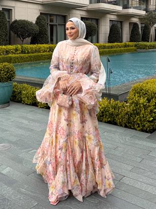 Kolu Volanlı Tasarım Elbise Pembe