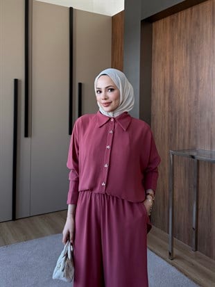 Krep Taş Detaylı Pantolon Takım Gül Kurusu