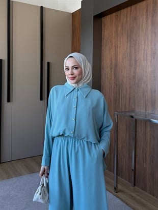 Krep Taş Detaylı Pantolon Takım Mavi
