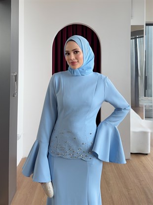 Krep Taşlı Abiye Mavi