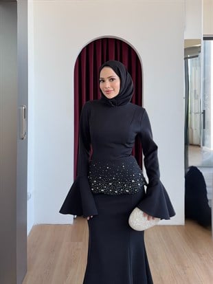 Krep Taşlı Abiye Siyah