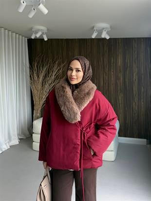 Kürk Detaylı Şişme Mont Bordo 