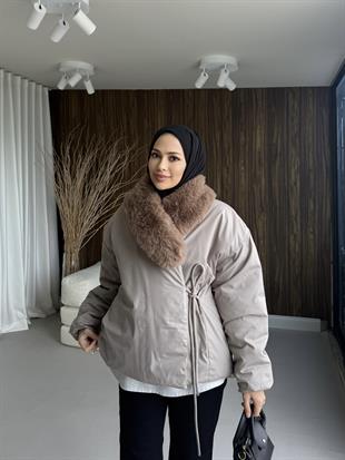 Kürk Detaylı Şişme Mont Gri 