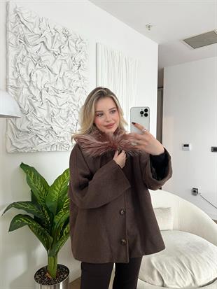 Kürk Yakalı Oversize Ceket Kahverengi