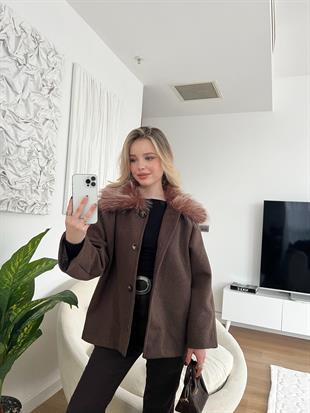 Kürk Yakalı Oversize Ceket Kahverengi