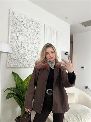 Kürk Yakalı Oversize Ceket Kahverengi