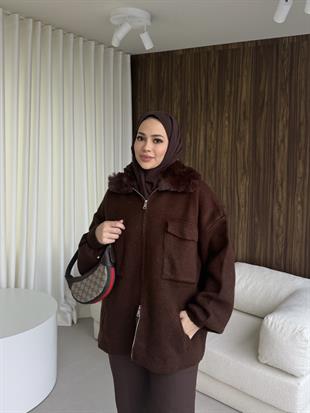 Kürklü Fermuarlı Triko Hırka Kahverengi