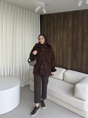 Kürklü Fermuarlı Triko Hırka Kahverengi