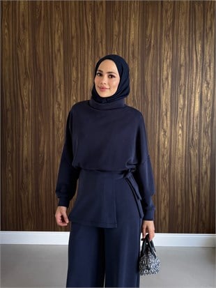 Kuşaklı Balıkçı Yaka Pantolon Takım Lacivert