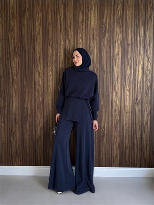 Kuşaklı Balıkçı Yaka Pantolon Takım Lacivert