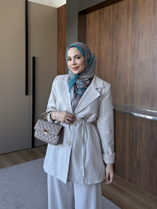 Kuşaklı Keten Ceket Takım Taş