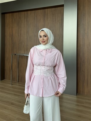Nakış Korseli Gömlek Pembe