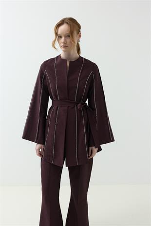 Nervür Taşlı Pantolon Takım Burgundy