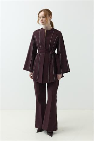 Nervür Taşlı Pantolon Takım Burgundy