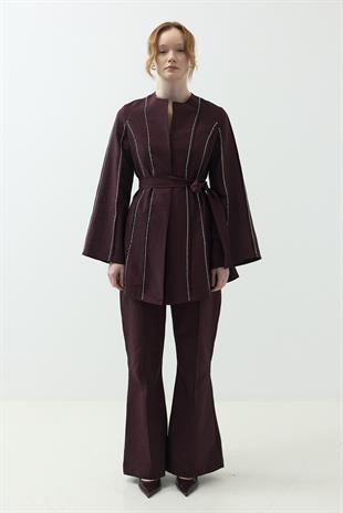 Nervür Taşlı Pantolon Takım Burgundy