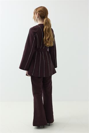 Nervür Taşlı Pantolon Takım Burgundy