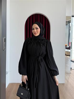 Omuz Çiçek Detaylı Elbise Siyah