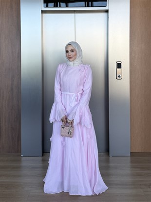 Omuzu Çiçekli Vual Elbise Pembe