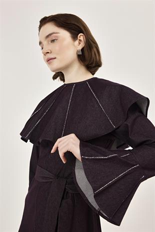 Pelerin Detaylı Taşlı Gabardin Elbise Burgundy