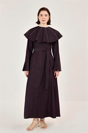 Pelerin Detaylı Taşlı Gabardin Elbise Burgundy