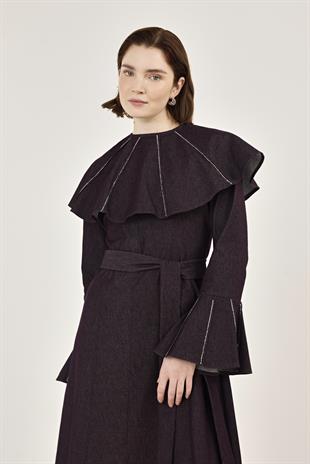 Pelerin Detaylı Taşlı Gabardin Elbise Burgundy