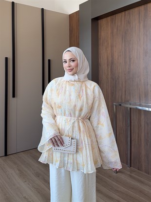 Piliseli Kuşaklı Pantolon Takım Sarı