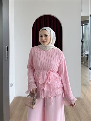 Piliseli Şifon Pantolon Takım Pembe