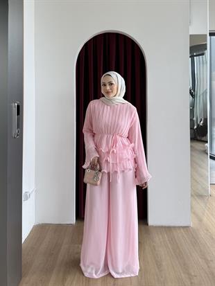 Piliseli Şifon Pantolon Takım Pembe
