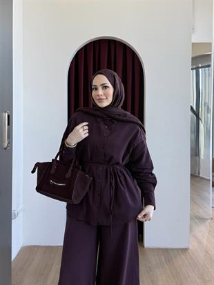 Rahat Kesim Keten Pantolon Takım Mürdüm