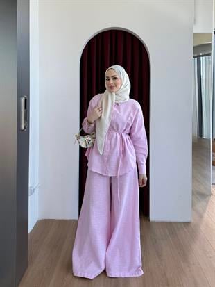 Rahat Kesim Keten Pantolon Takım Pembe