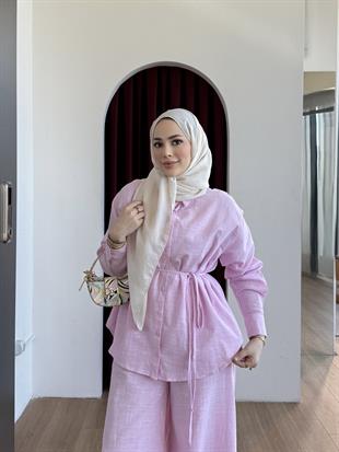 Rahat Kesim Keten Pantolon Takım Pembe